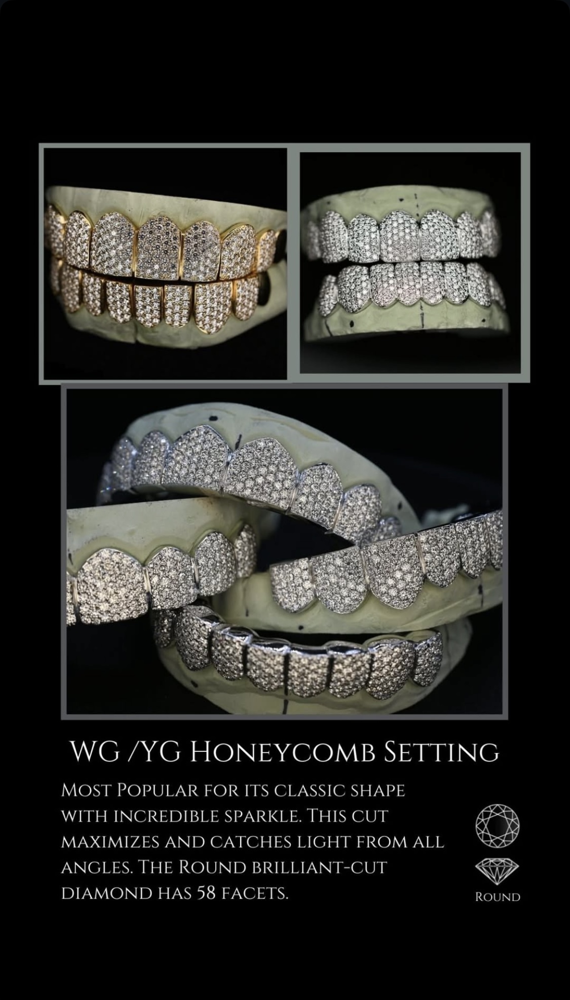 White and yellow gold honeycomb setting grillz with round brilliant diamonds