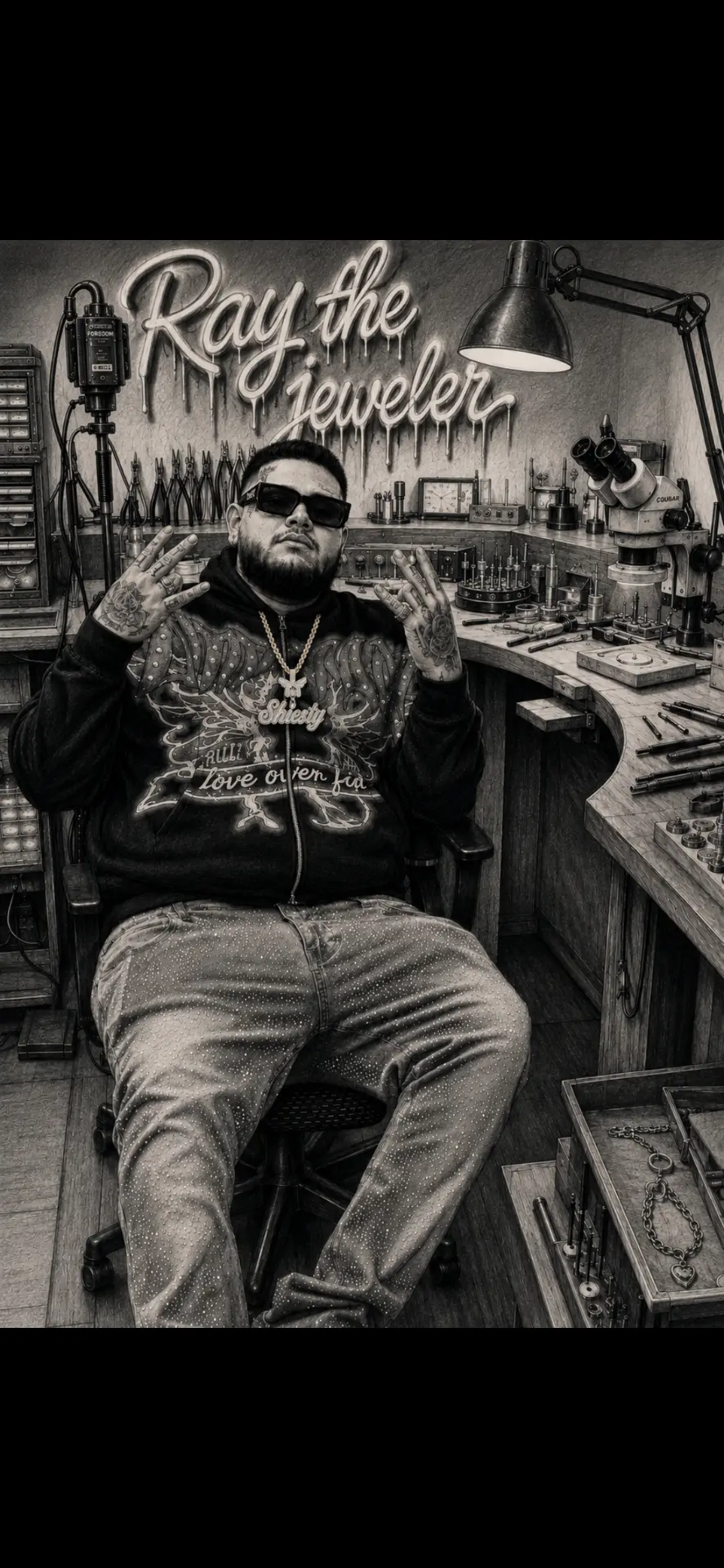 Ray The Jeweler sitting at his Milwaukee jewelry workbench, surrounded by tools and a glowing 'Ray the Jeweler' sign.