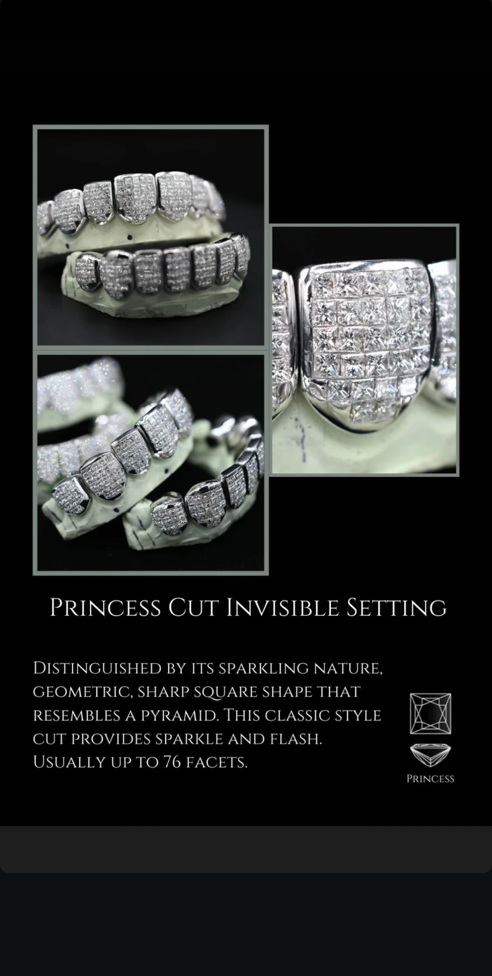Princess cut invisible setting grillz with pavé square diamonds