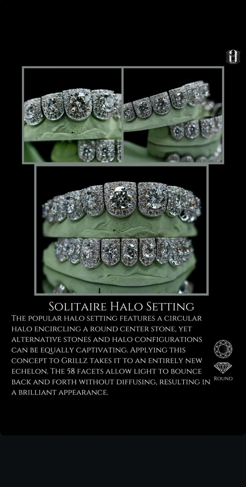 Solitaire halo setting grillz with round center stones and pavé halos