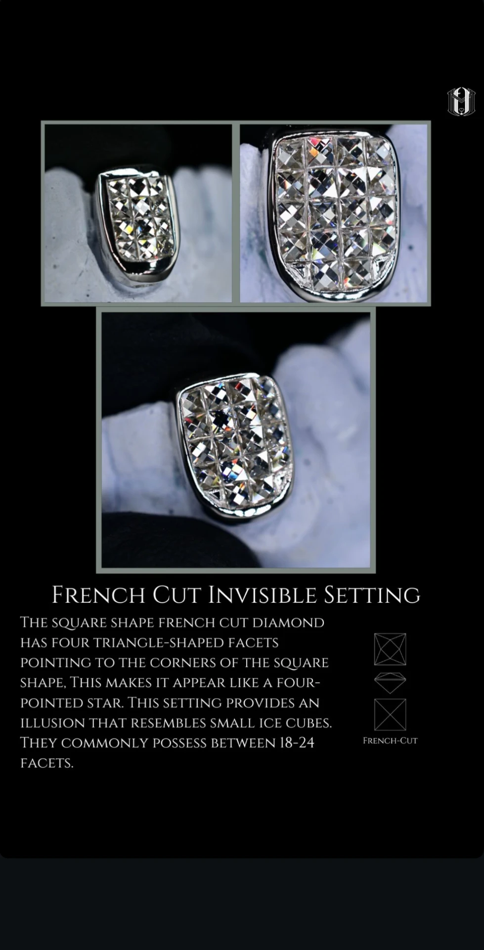 French cut invisible setting single tooth grill in white gold